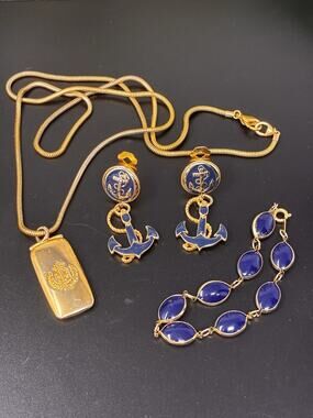 Vintage Nautical Jewelry Lot Anchor Clip Earrings Necklace Blue Bracelet Korea